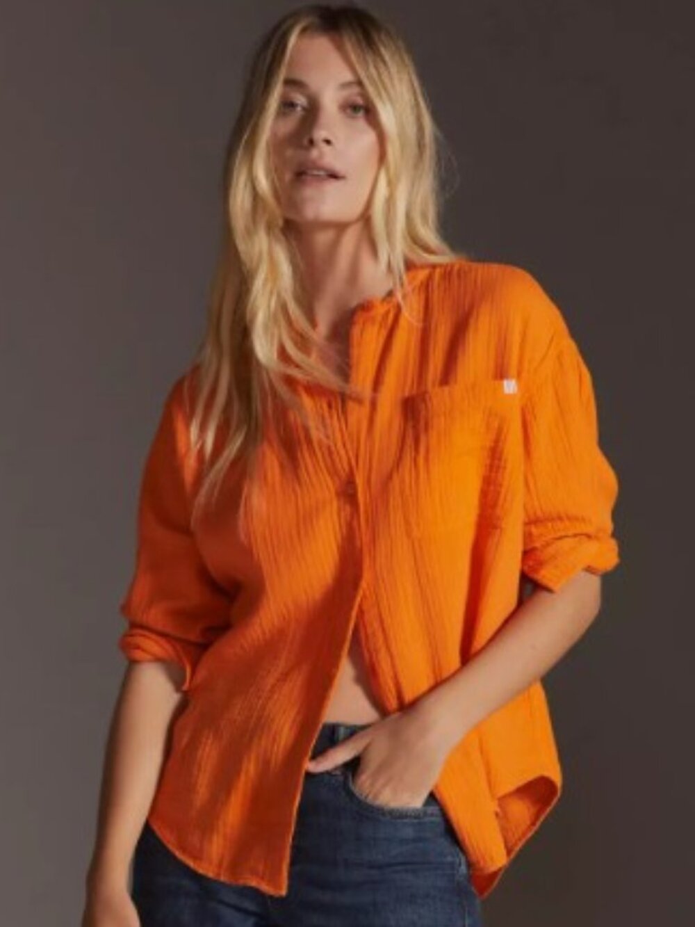 Anthropologie Sundry Mandarin Collar Double Gauze Cotton Shirt Orange Size S